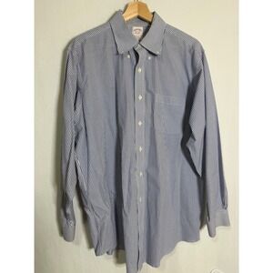 Vintage Brooks Brothers Traditional Fit Non-Iron Gingham Shirt Blue wht 16.5 34‎
